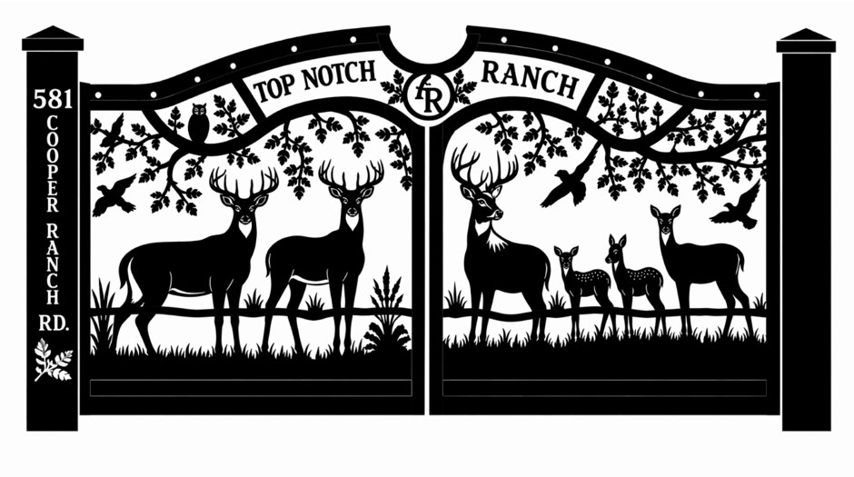 Custom ranch driveway gate with deer wildlife scene design